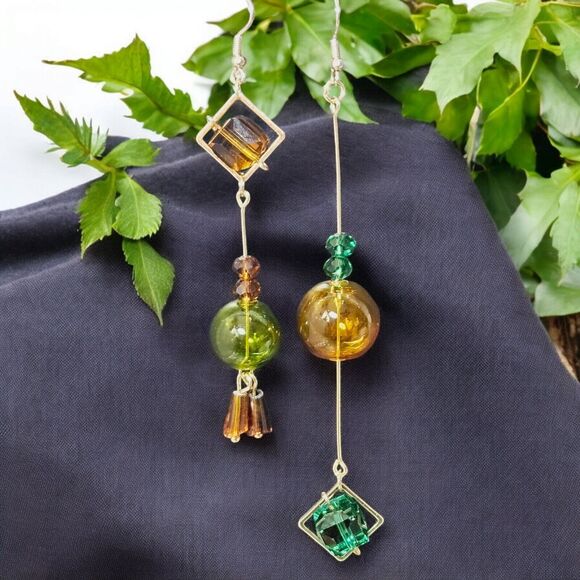 Original Blown Bubble Glass Dangle Earrings Women Fashion Goldtone Earth Tones - Picture 12 of 12